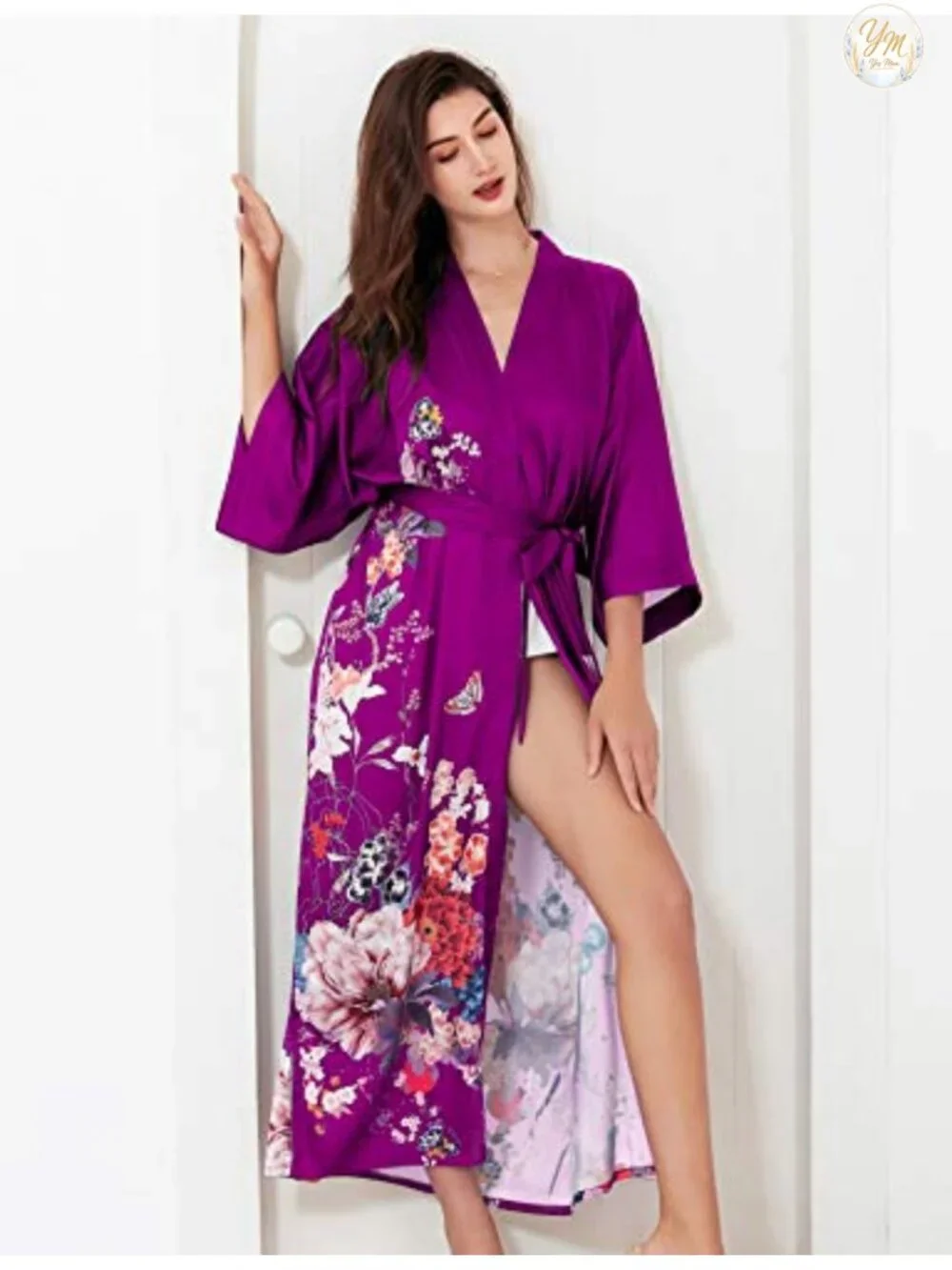 Women's Silky Satin Kimono Robe - Long Floral Sleepwear with Sash